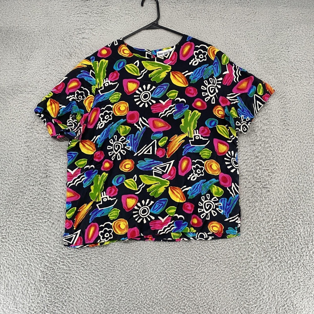 VTG Anna And Frank Silk Blouse Womens 16 Multicolor Abstract Print Top 90s